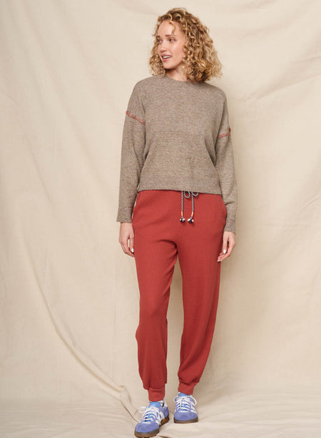 Sundry Crew with Baseball Stitching Sweater in Taupe