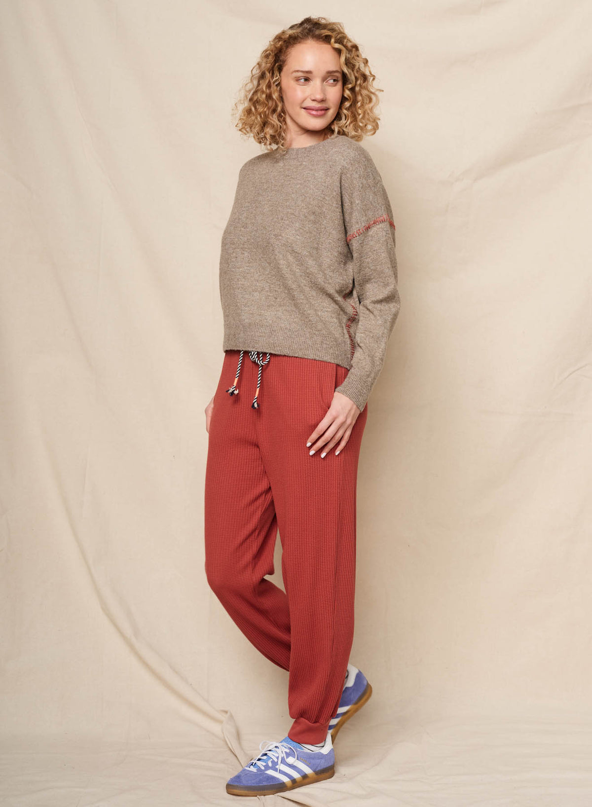 Sundry Crew with Baseball Stitching Sweater in Taupe