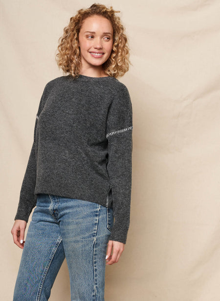 Sundry Crew With Baseball Stitching Sweater in Washed Black