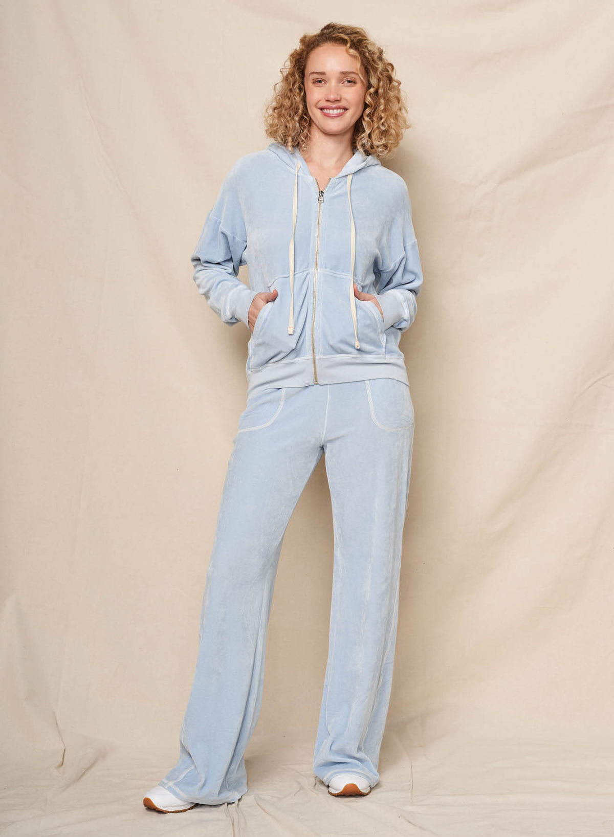 Sundry Velour Zip Hoodie in Blue Wash