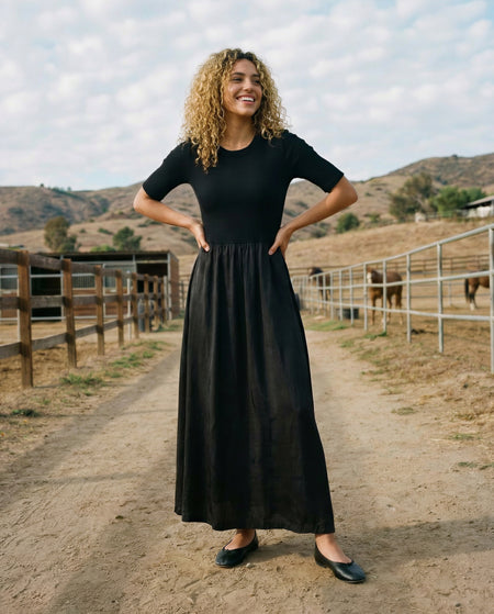 Sundry Rib Rayon Twill Mixed Media Dress in Black