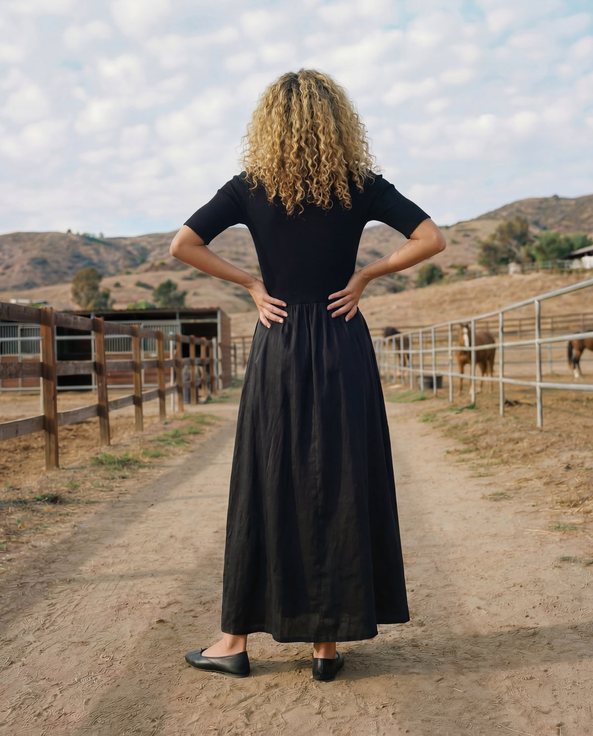 Sundry Rib Rayon Twill Mixed Media Dress in Black