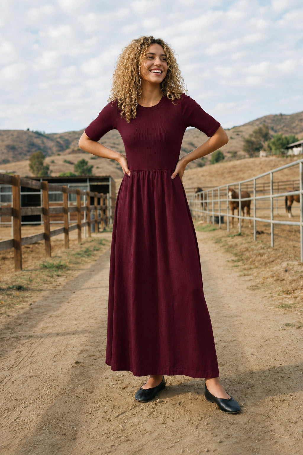Sundry Rib Rayon Twill Mixed Media Dress in Midnight Iris