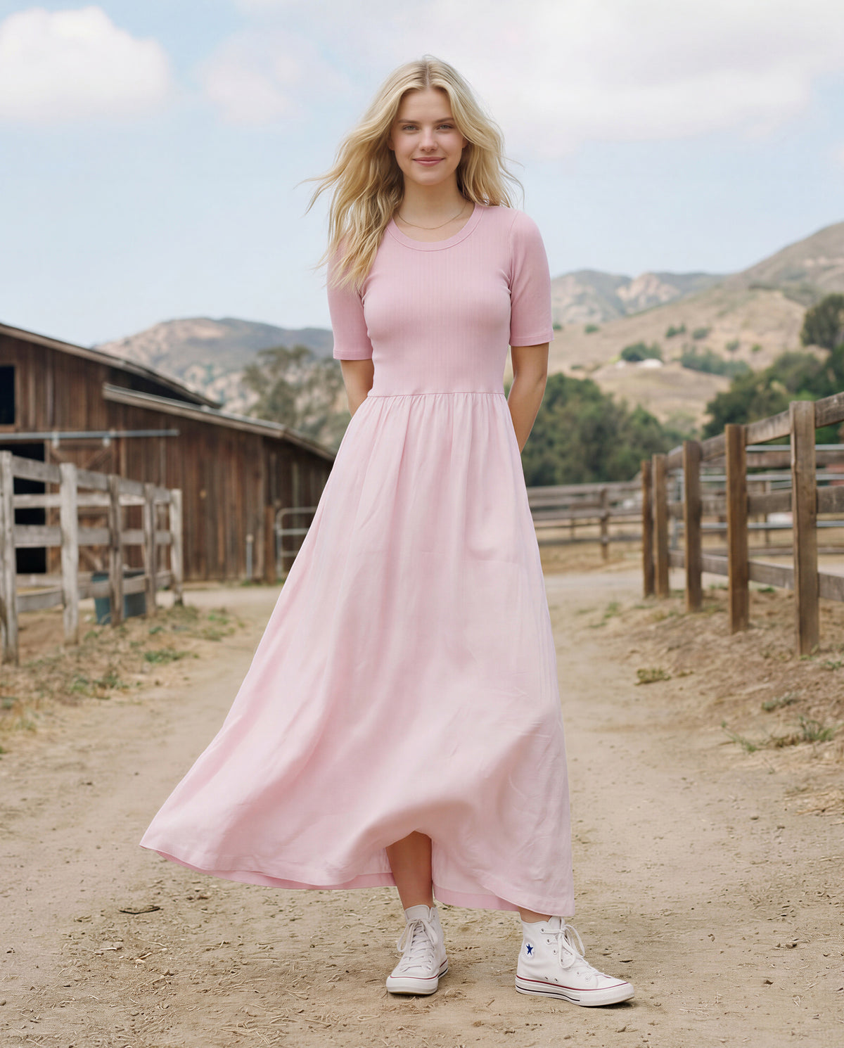 Sundry Rib Rayon Twill Mixed Media Dress in Primrose