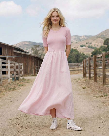 Sundry Rib Rayon Twill Mixed Media Dress in Primrose