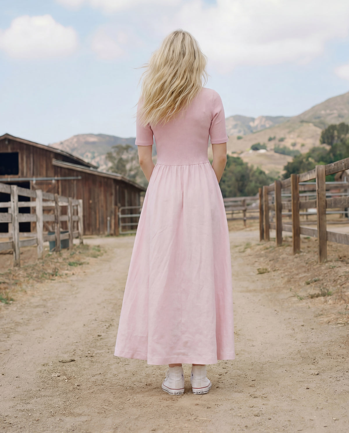 Sundry Rib Rayon Twill Mixed Media Dress in Primrose