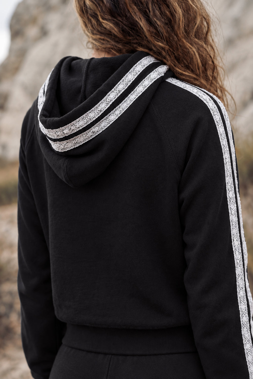 Sundry Cropped Hoodie with Novelty Trim Stripes in Black