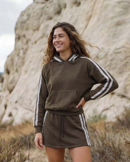 Sundry Cropped Hoodie with Novelty Trim Stripes in Dark Olive