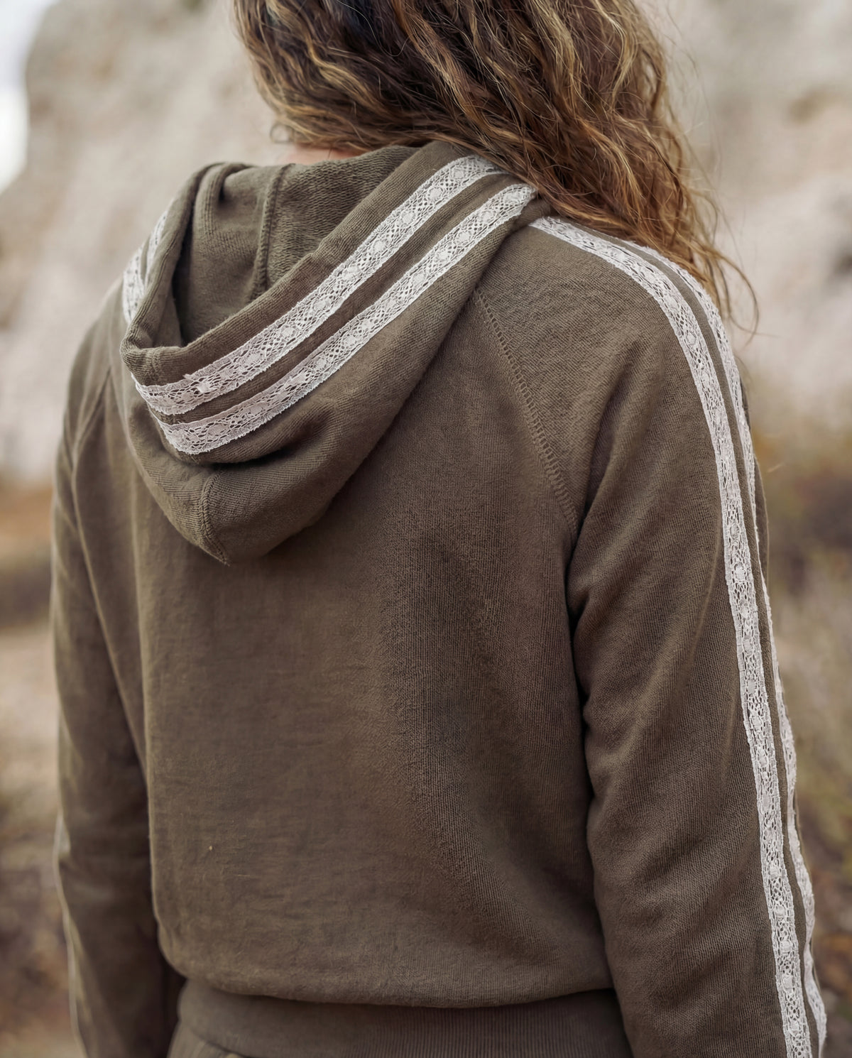 Sundry Cropped Hoodie with Novelty Trim Stripes in Dark Olive
