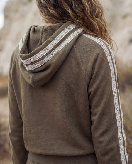 Sundry Cropped Hoodie with Novelty Trim Stripes in Dark Olive