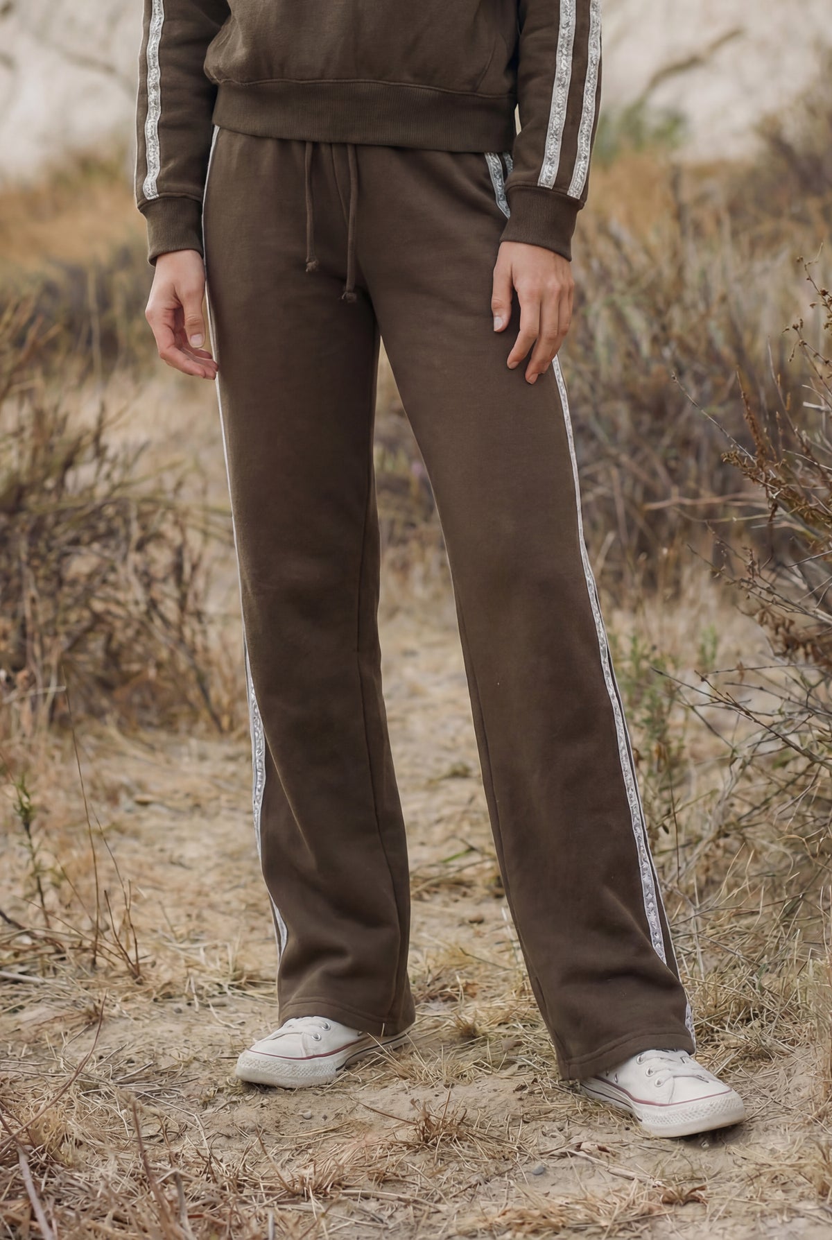 Sundry Straight Leg Track Pant with Novelty Trim Stripes in Dark Olive