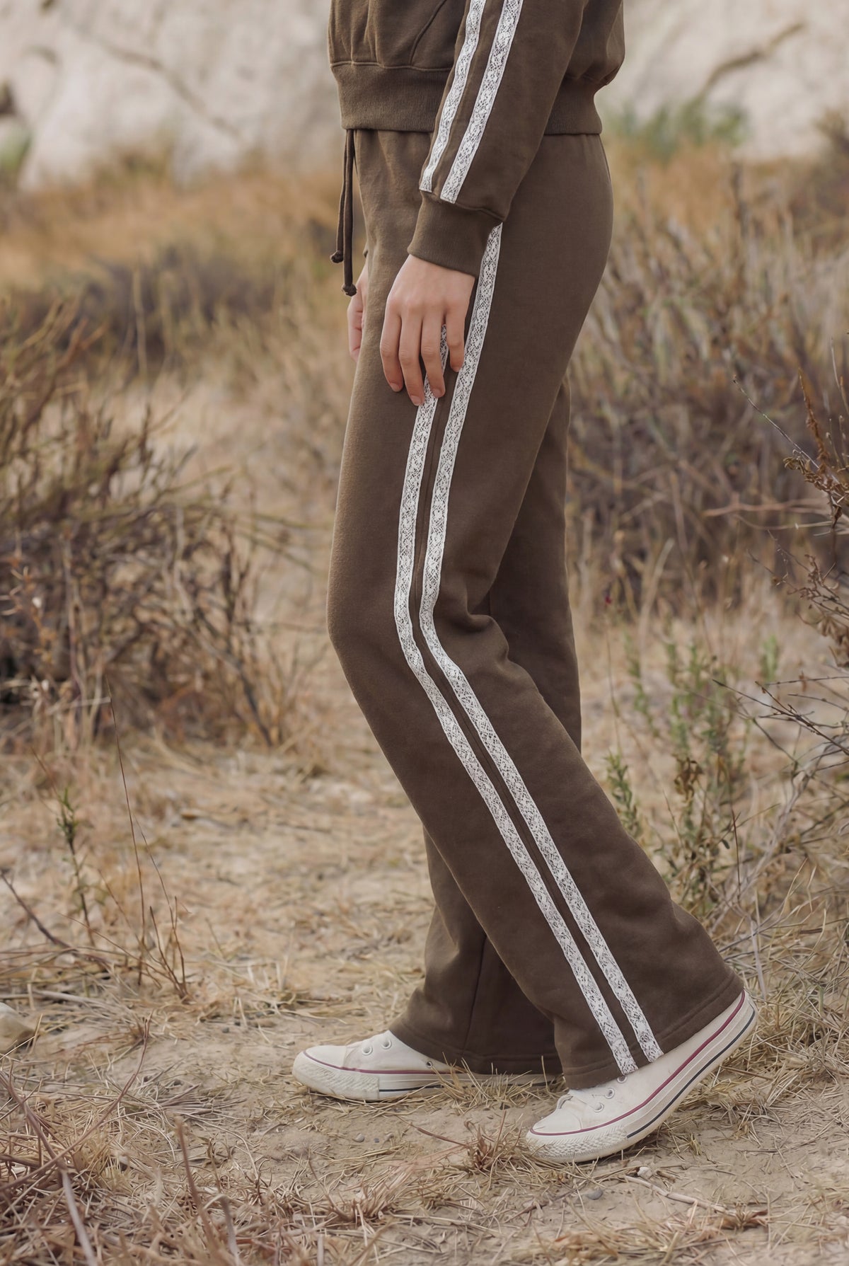 Sundry Straight Leg Track Pant with Novelty Trim Stripes in Dark Olive