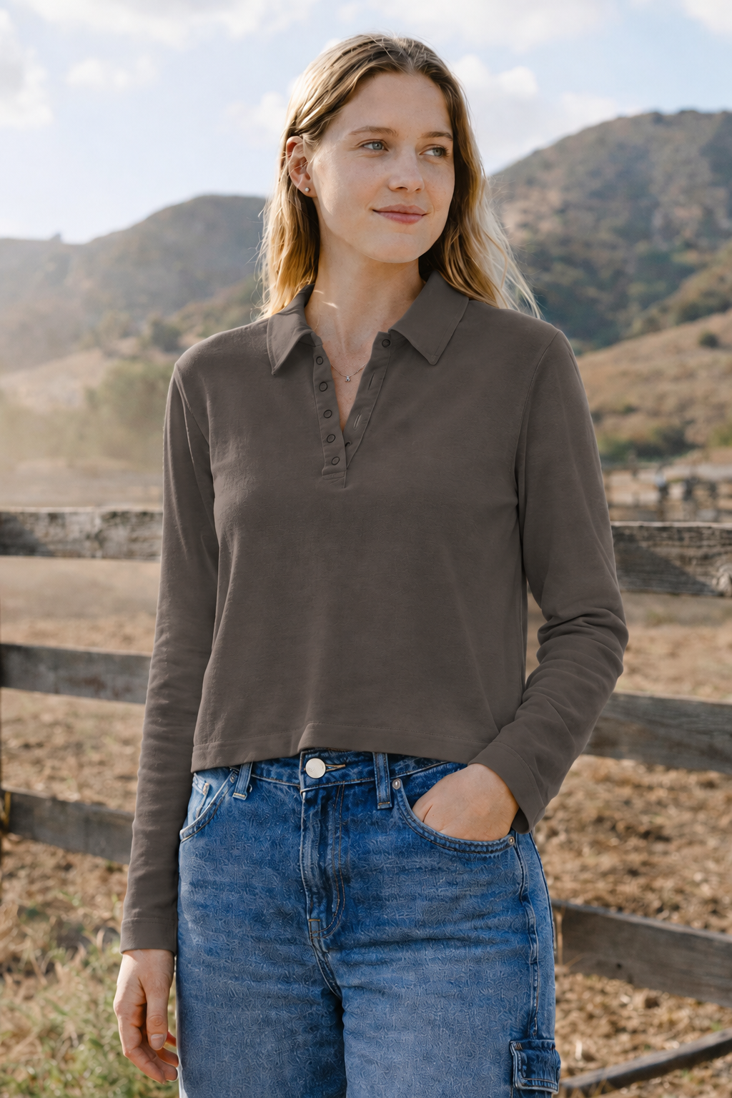 Sundry Long Sleeve Polo Top in Pigment Black