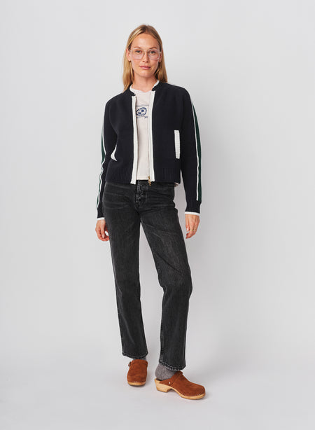 Sundry Varsity Sweater Jacket with 2 Way Zipper in Deep Navy