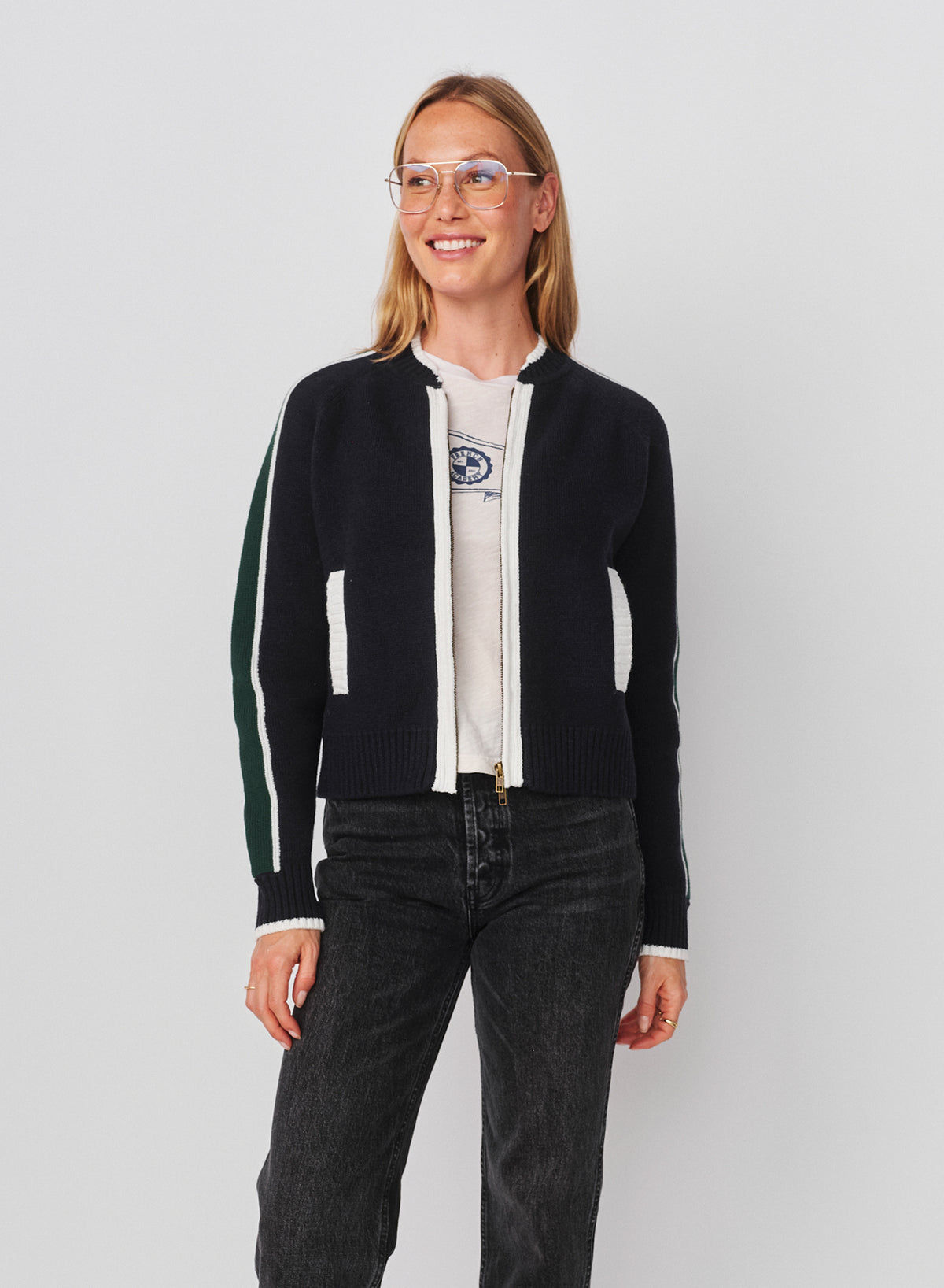 Sundry Varsity Sweater Jacket with 2 Way Zipper in Deep Navy
