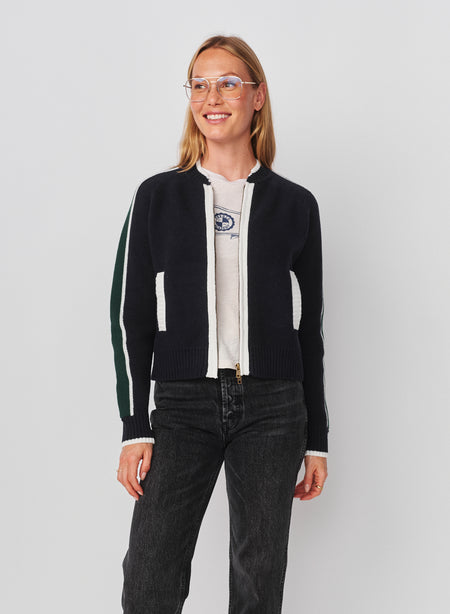 Sundry Varsity Sweater Jacket with 2 Way Zipper in Deep Navy