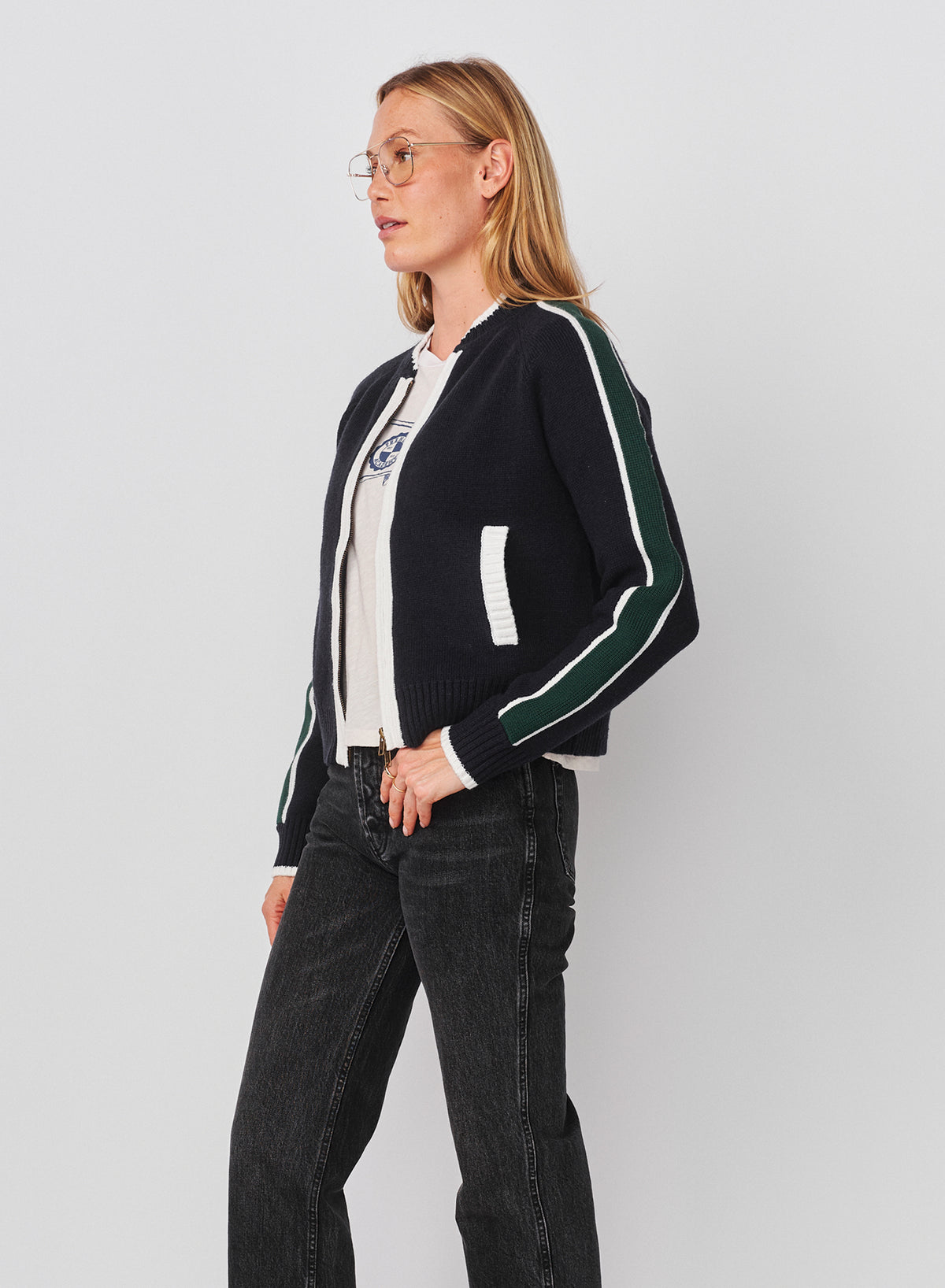 Sundry Varsity Sweater Jacket with 2 Way Zipper in Deep Navy