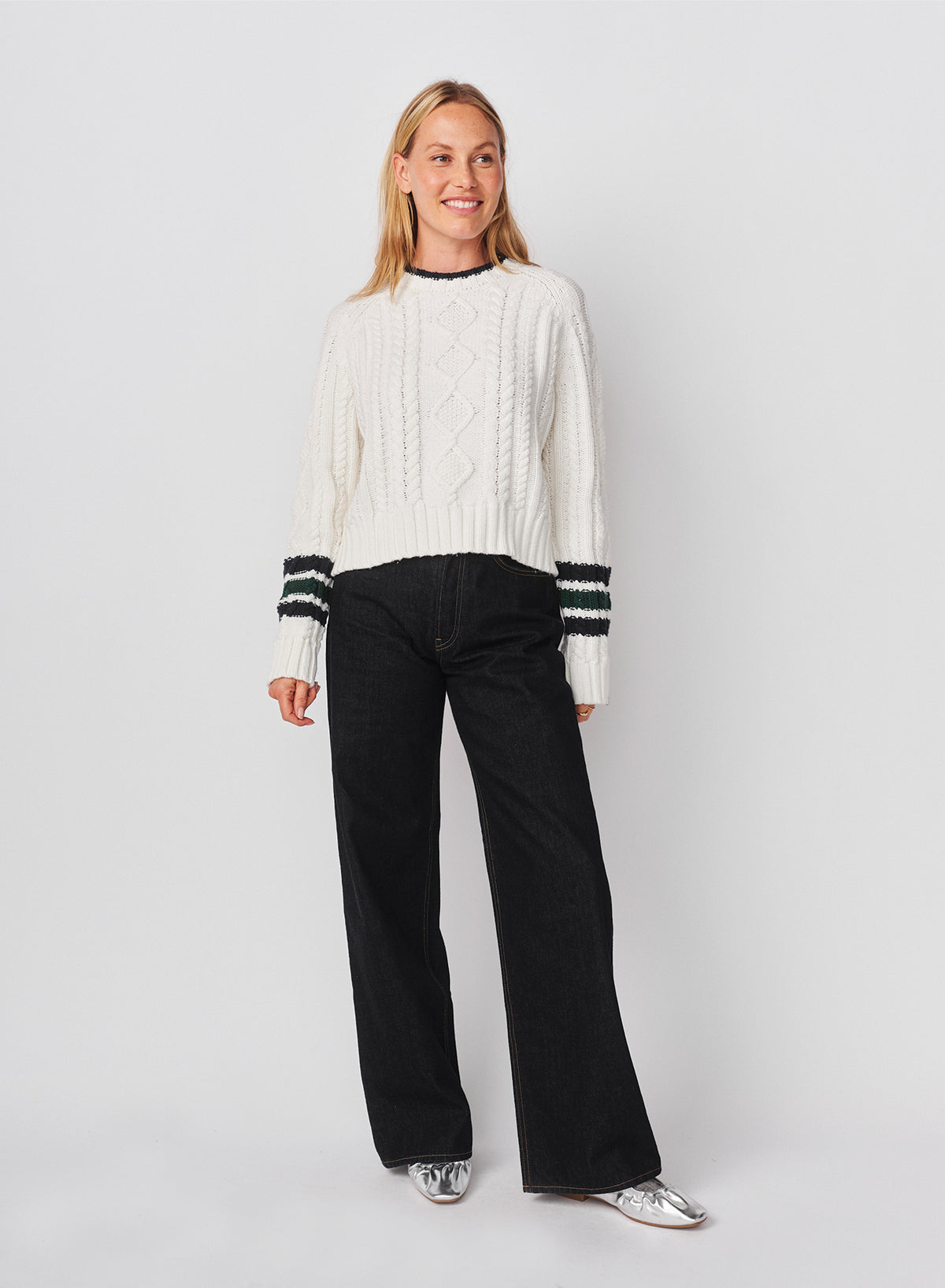 Sundry Chunky Cable Sweater with Stripes On Sleeves in Optic White
