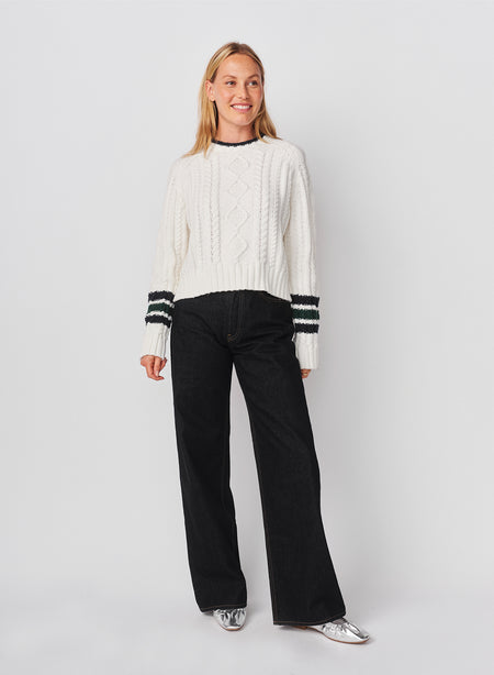Sundry Chunky Cable Sweater with Stripes On Sleeves in Optic White