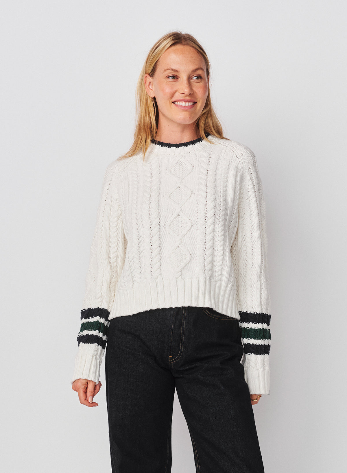 Sundry Chunky Cable Sweater with Stripes On Sleeves in Optic White