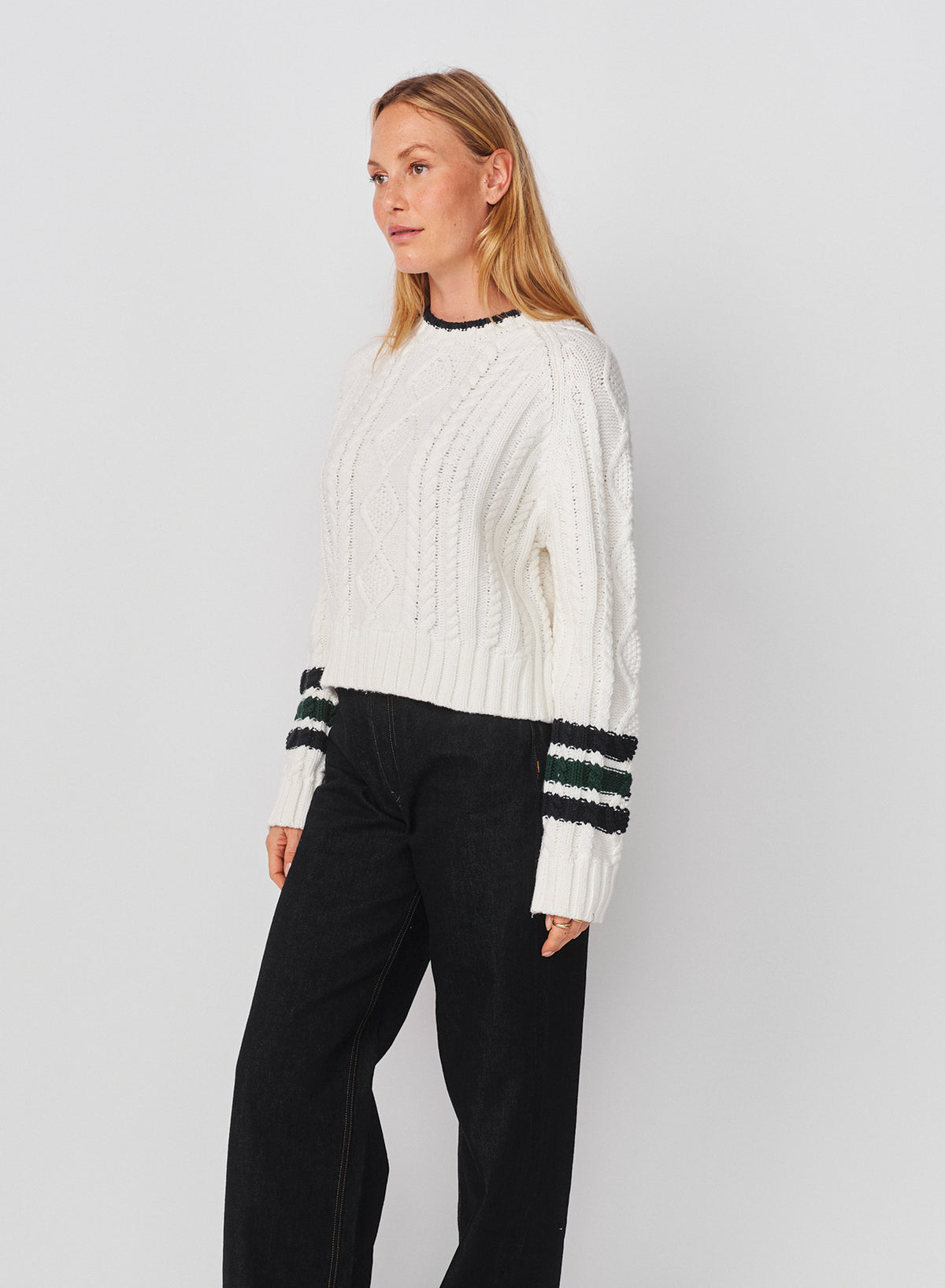 Sundry Chunky Cable Sweater with Stripes On Sleeves in Optic White
