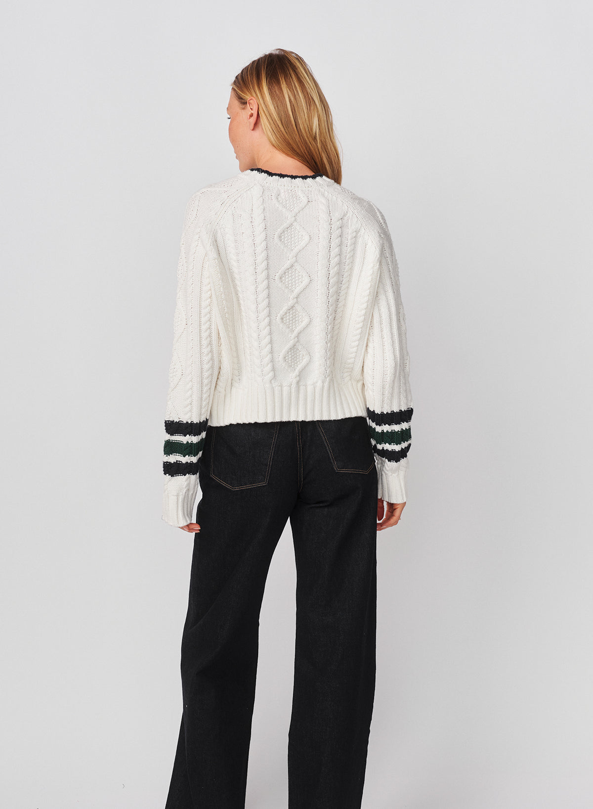 Sundry Chunky Cable Sweater with Stripes On Sleeves in Optic White