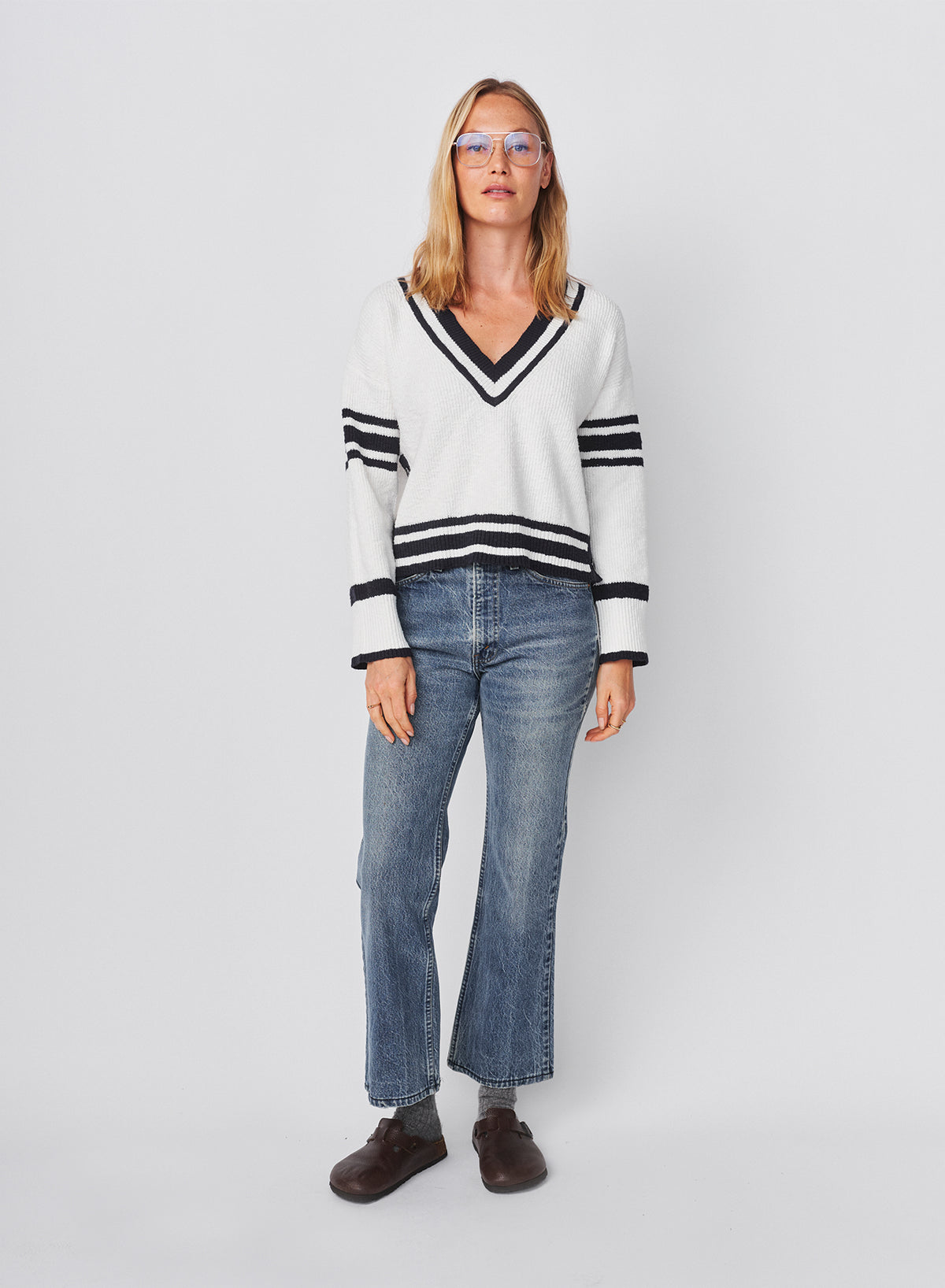 Sundry V-Neck Sweater with Stripe Details in Optic White
