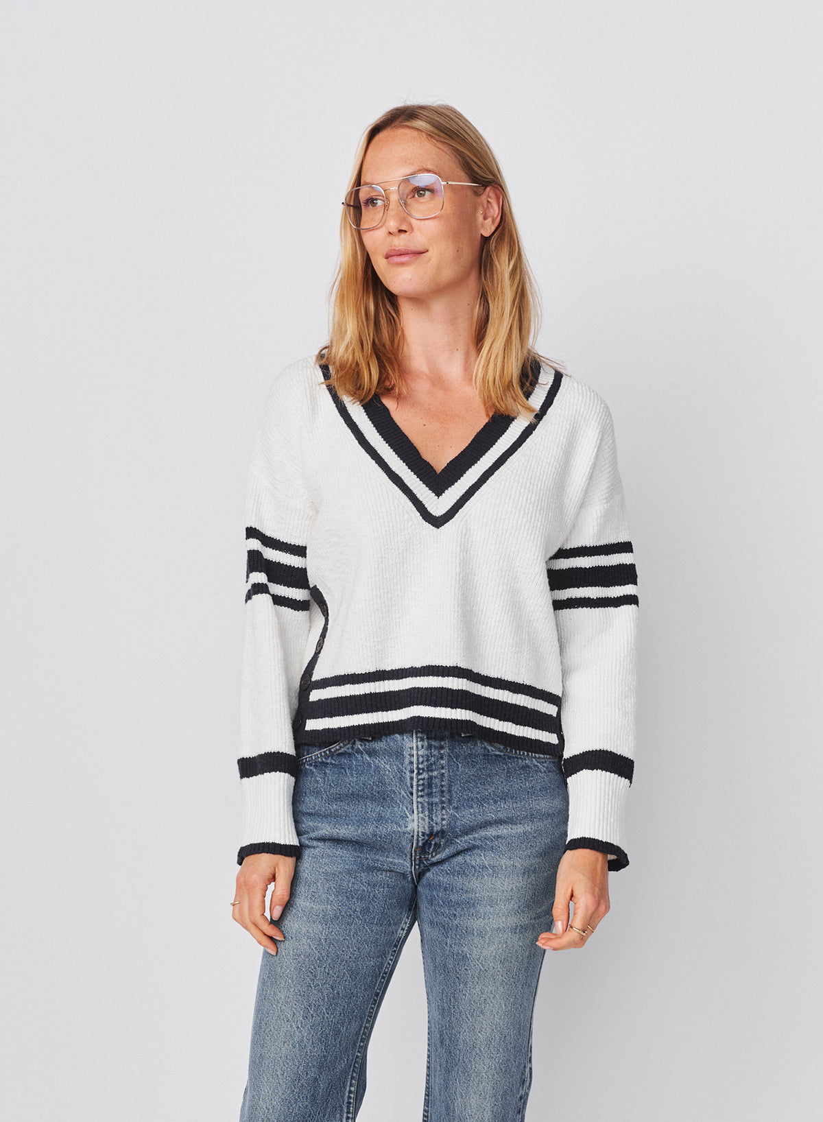 Sundry V-Neck Sweater with Stripe Details in Optic White