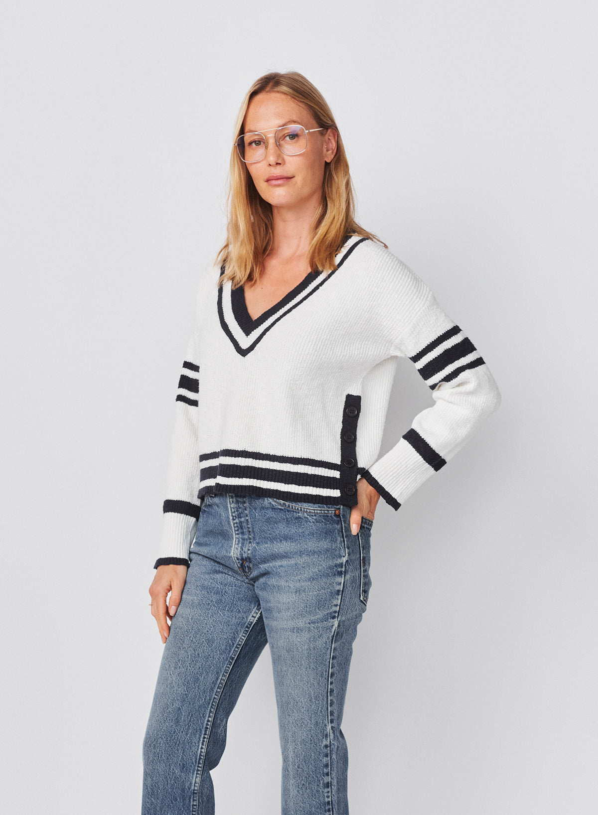 Sundry V-Neck Sweater with Stripe Details in Optic White