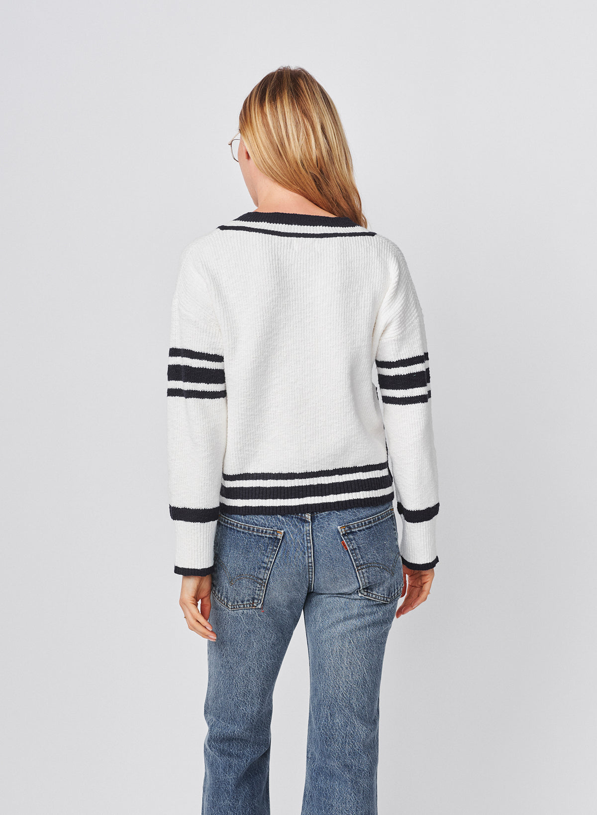 Sundry V-Neck Sweater with Stripe Details in Optic White
