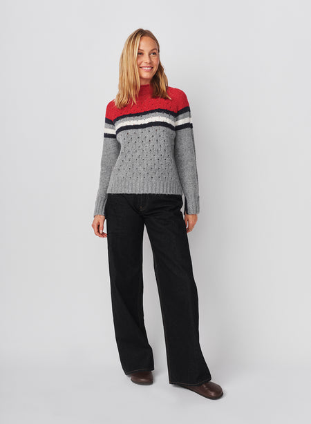 Sundry Funnel Neck with Chest Stripes & Cables Sweater in Heather Grey