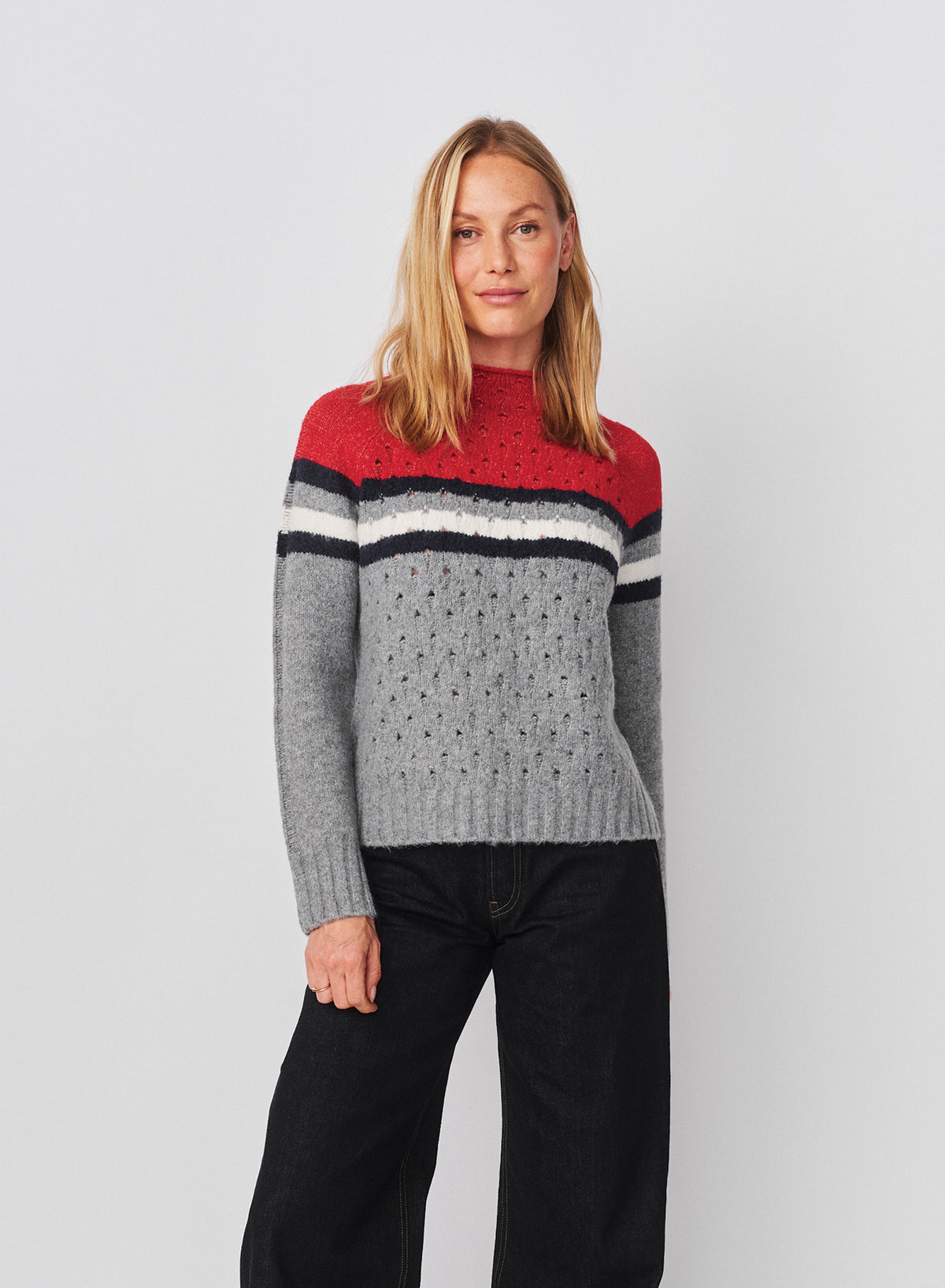 Sundry Funnel Neck with Chest Stripes &amp; Cables Sweater in Heather Grey
