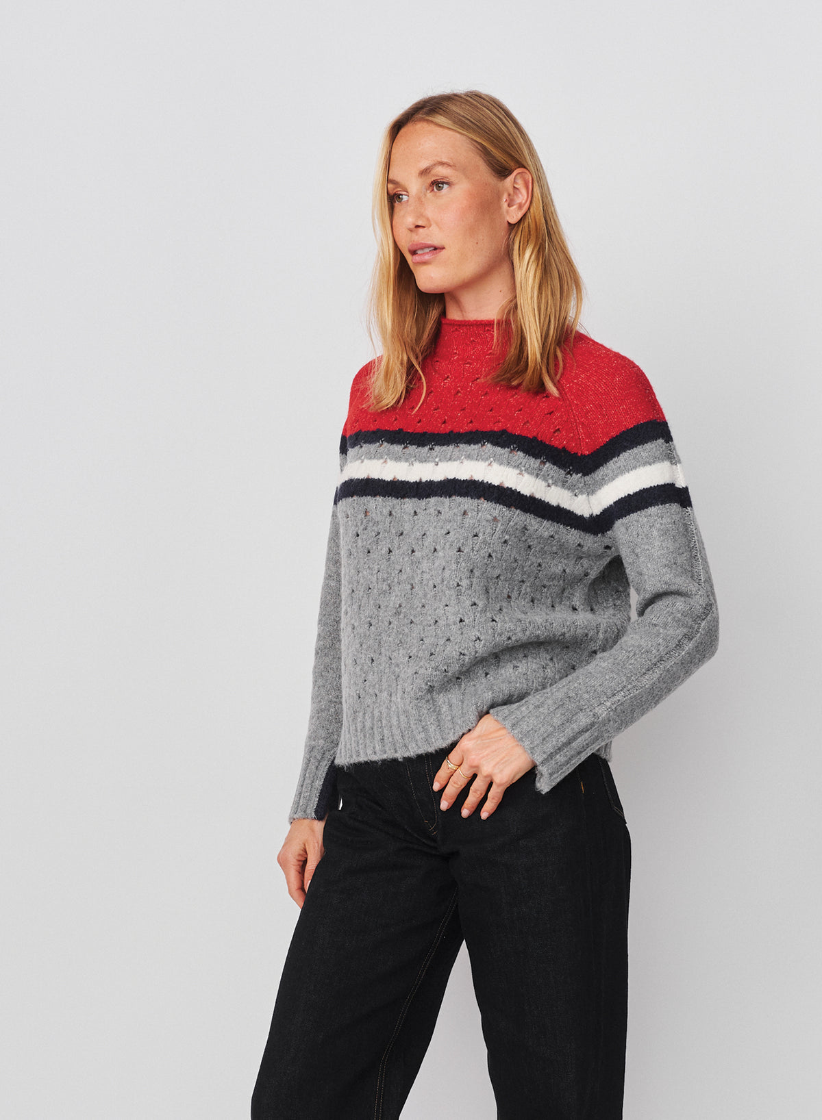 Sundry Funnel Neck with Chest Stripes &amp; Cables Sweater in Heather Grey