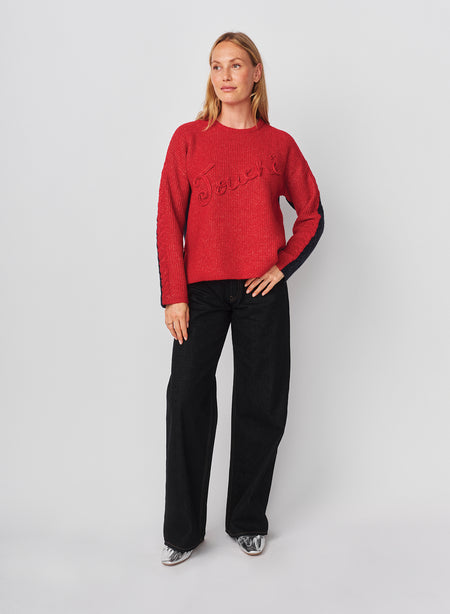 Sundry Color Block Tunic with Embroidery Sweater in Vintage Red