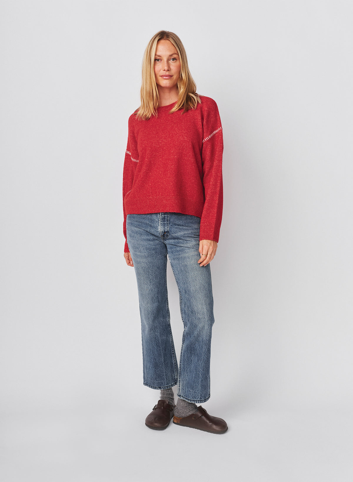 Sundry Baseball Stitch Pullover Sweater in Vintage Red