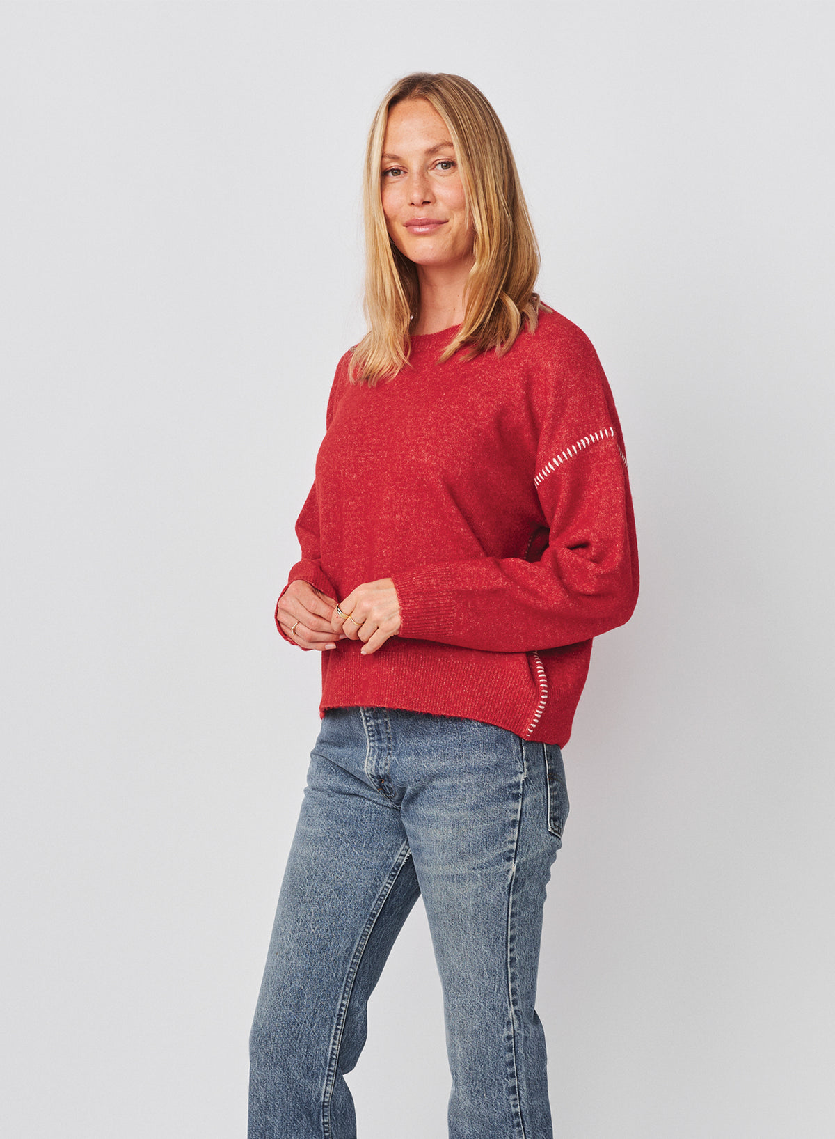 Sundry Baseball Stitch Pullover Sweater in Vintage Red