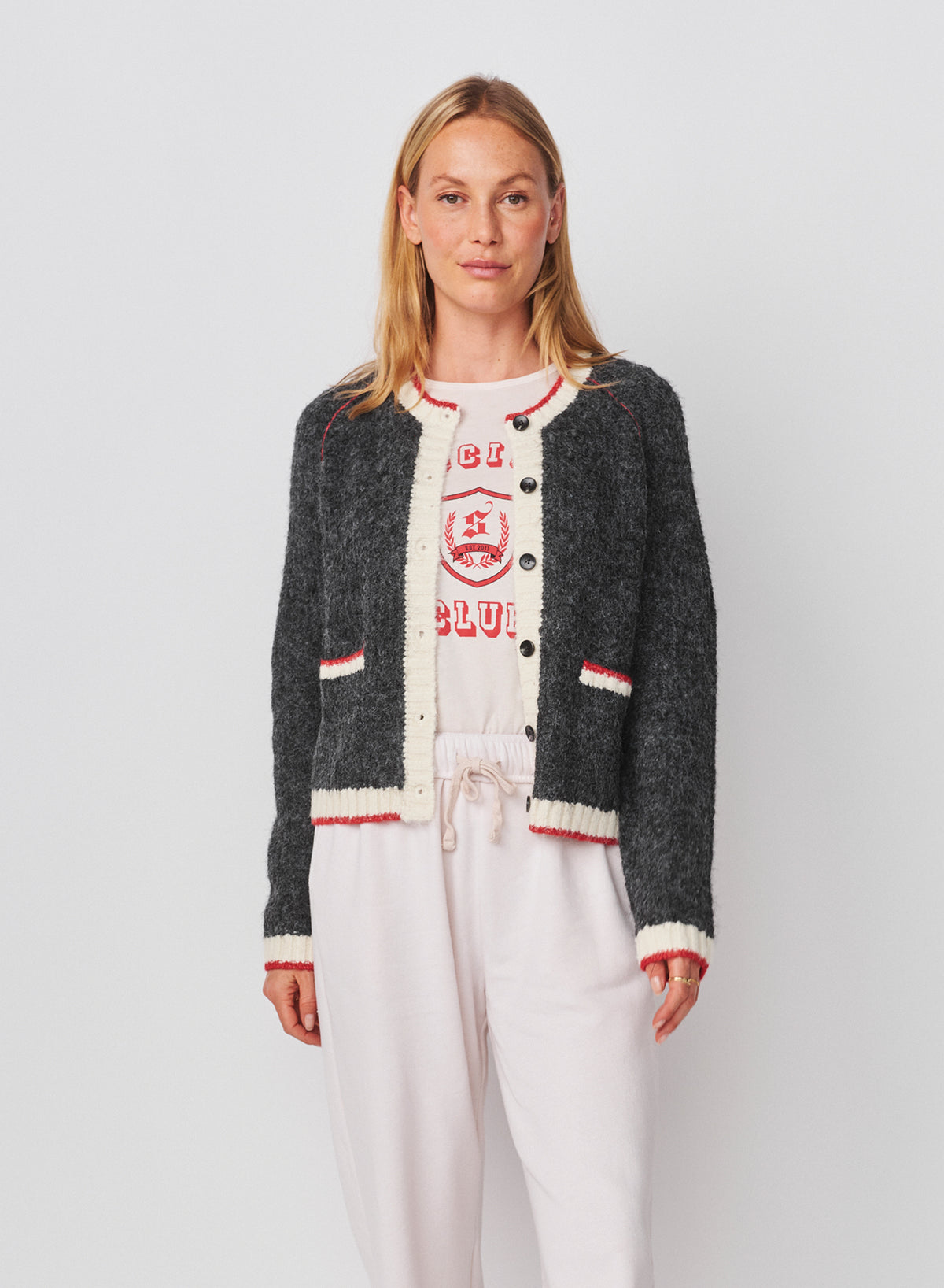 Sundry Raglan Cardigan Sweater with Contrast Tipping in Washed Black