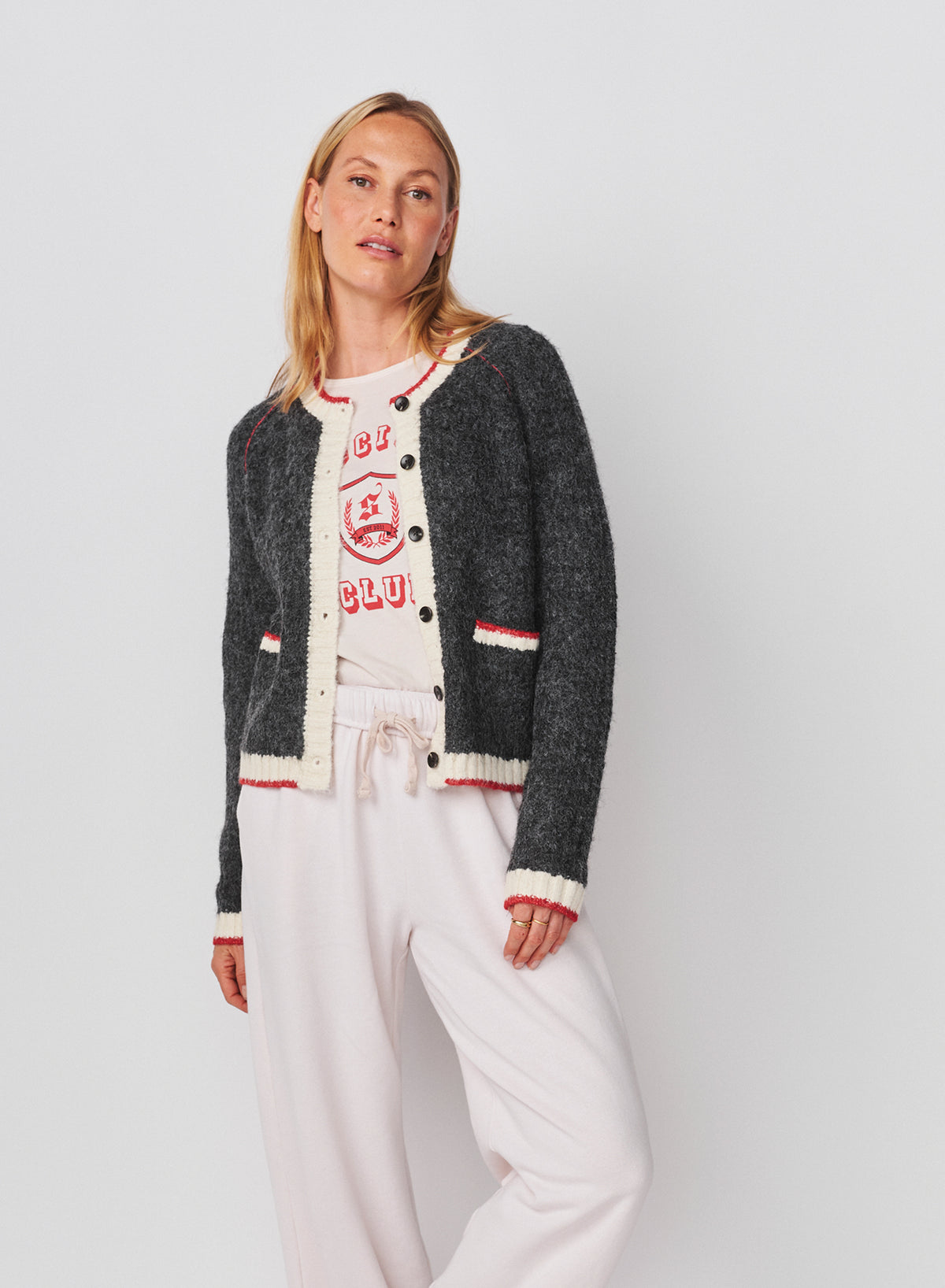 Sundry Raglan Cardigan Sweater with Contrast Tipping in Washed Black