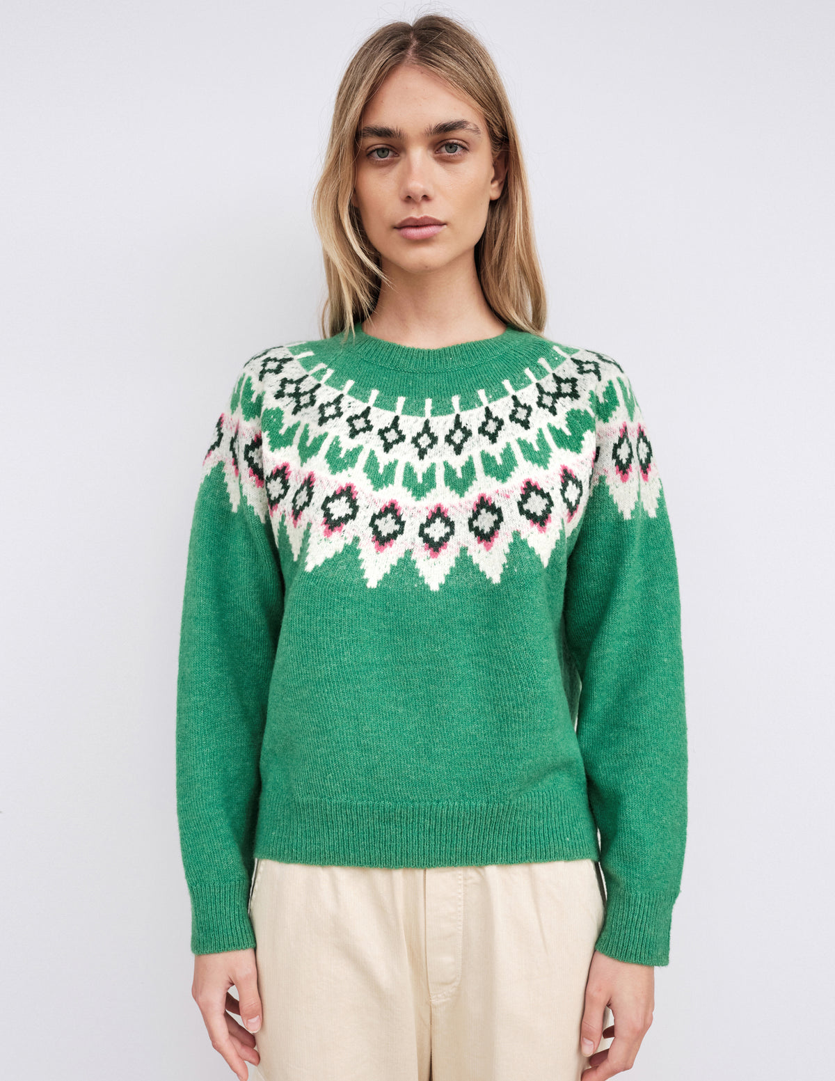 Sundry FairIsle Crew Sweater in Jade-3/4 front view