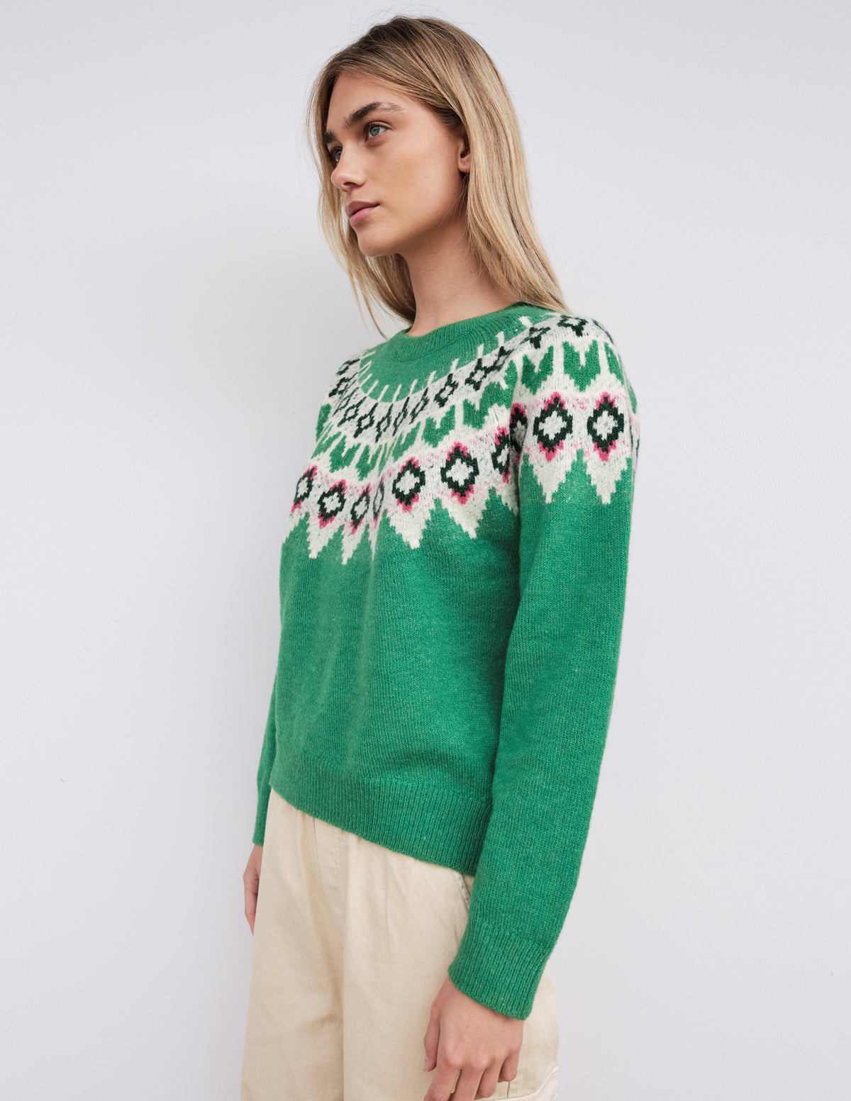 Sundry FairIsle Crew Sweater in Jade-side view
