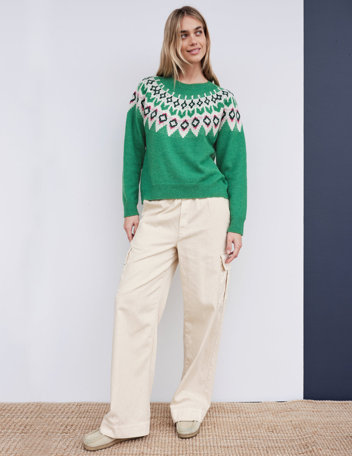Sundry FairIsle Crew Sweater in Jade-full front view