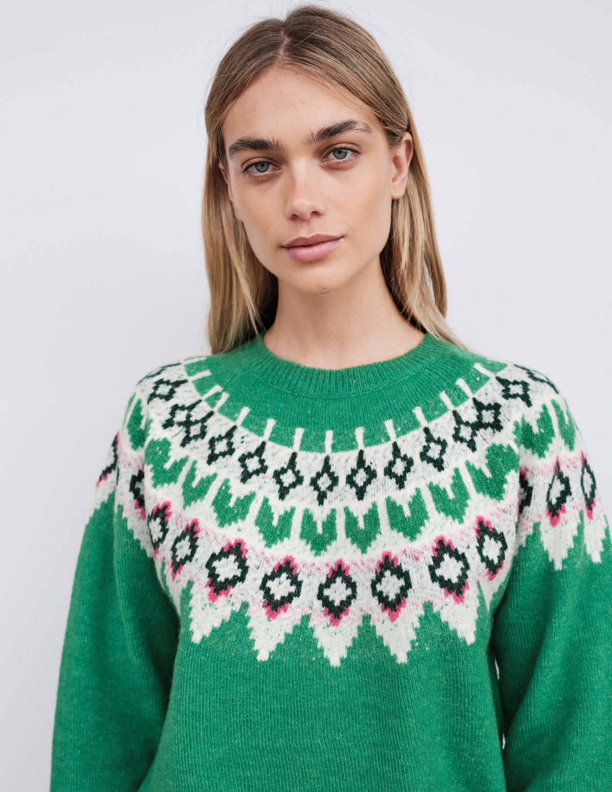 Sundry FairIsle Crew Sweater in Jade-close up