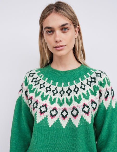 Sundry FairIsle Crew Sweater in Jade-model standing in front of a green wall
