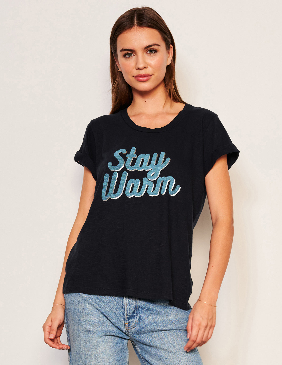Sundry Stay Warm Rolled Sleeve Tee in Deep Navy-3/4 front