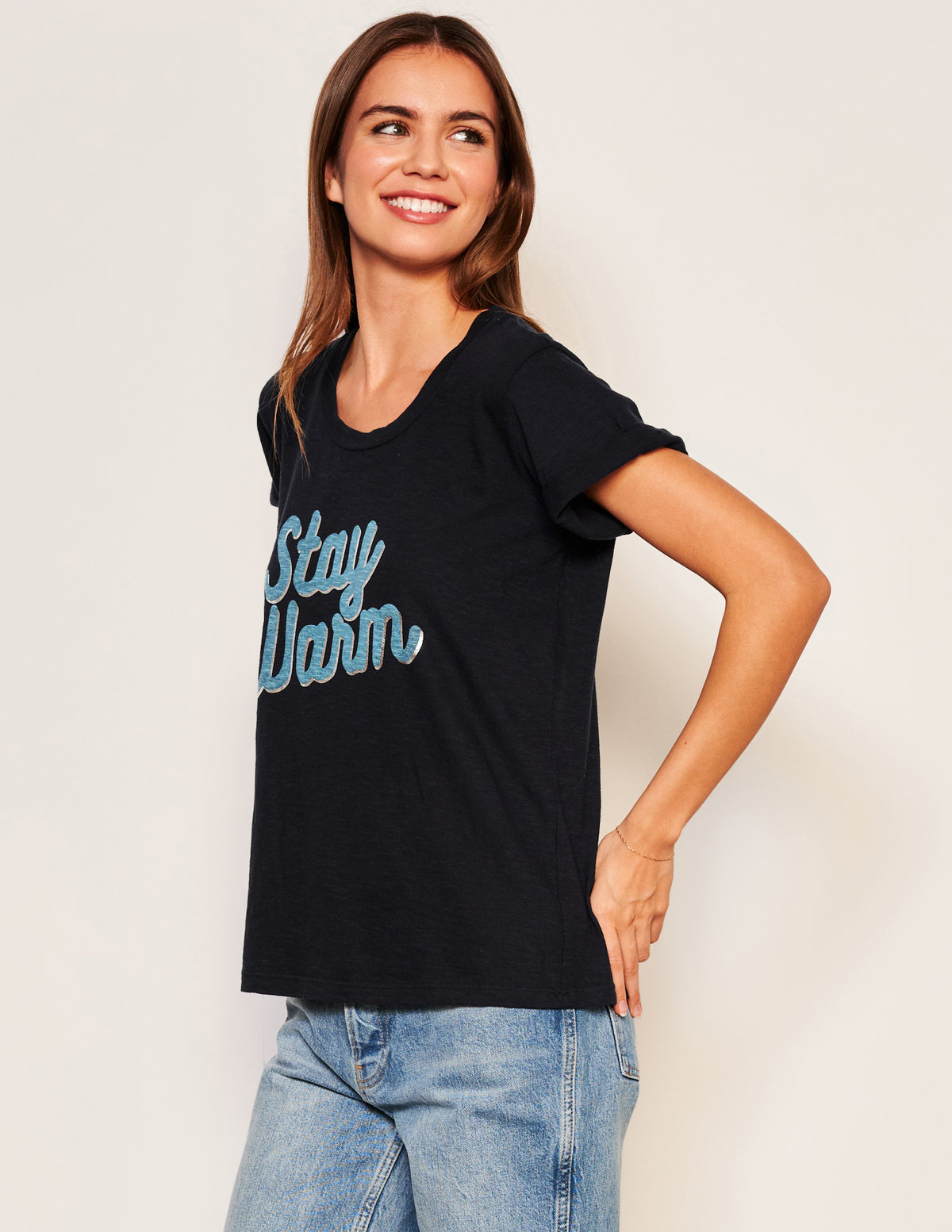 Sundry Stay Warm Rolled Sleeve Tee in Deep Navy-side view model is smiling and looking away