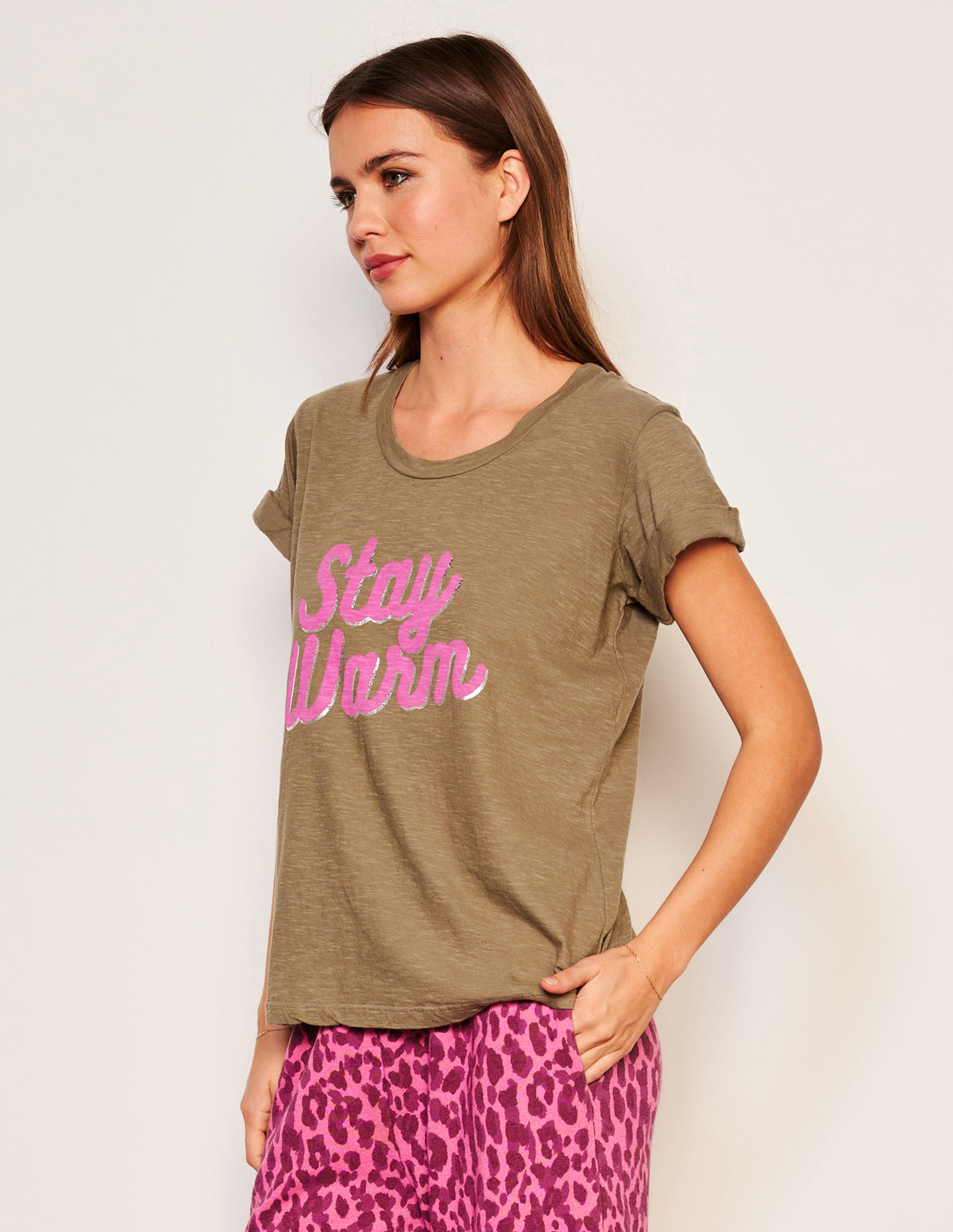 Sundry Stay Warm Rolled Sleeve Tee in Fern-3/4 side view