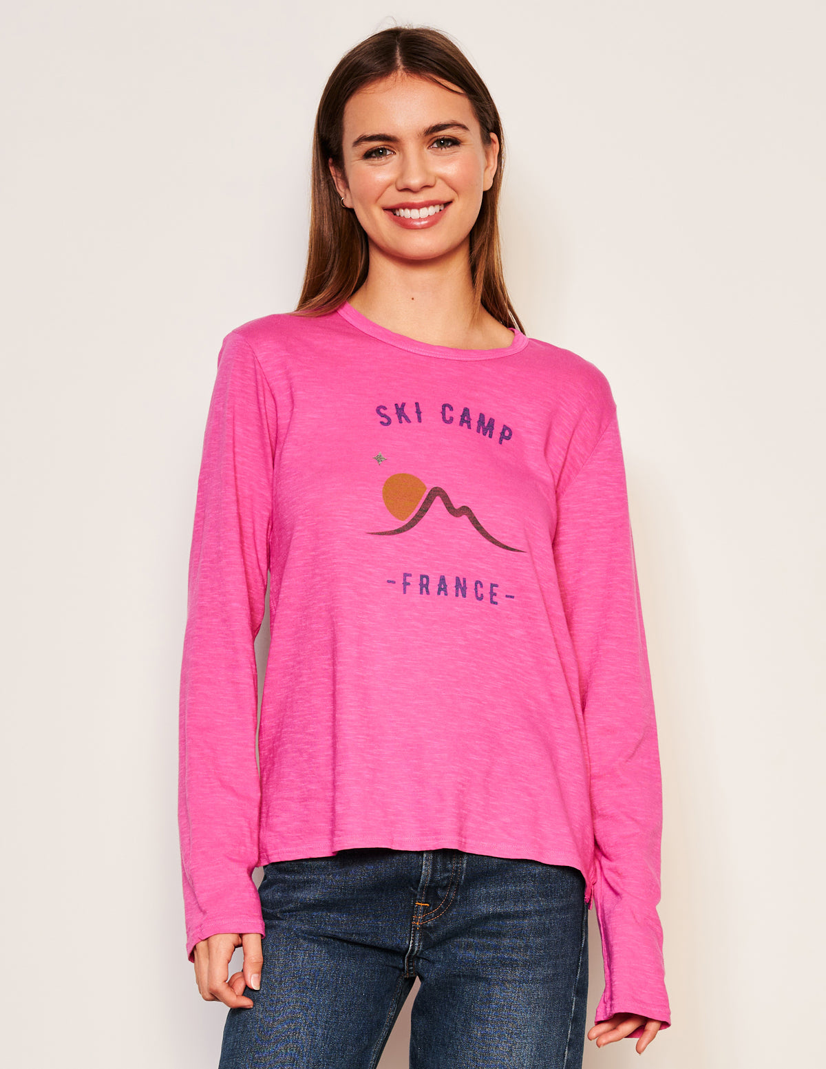 Sundry Ski Camp Long Sleeve Crew in Fuscia Gem-3/4 front view