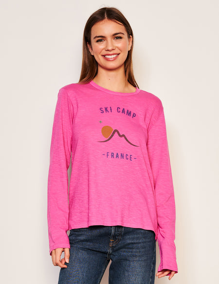 Sundry Ski Camp Long Sleeve Crew in Fuscia Gem-3/4 front view