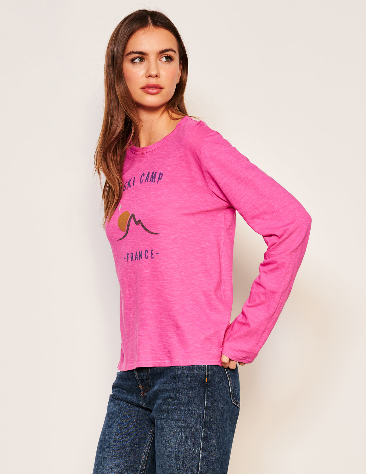 Sundry Ski Camp Long Sleeve Crew in Fuscia Gem-side view 