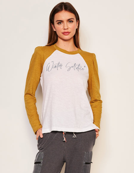 Sundry Winter Solstice Long Sleeve Contrast Sleeve Tee in Optic White-3/4 front view